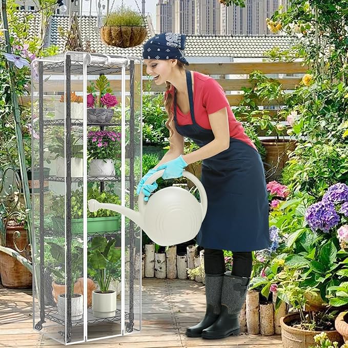 Mini 5-Tier Greenhouse for Indoor Outdoor , 15.7" L×11.8" W×62.3" H Portable Greenhouse with Clear PVC Cover and Metal Shelf for Growing Vegetables, Flowers and Seedlings, with Wheels