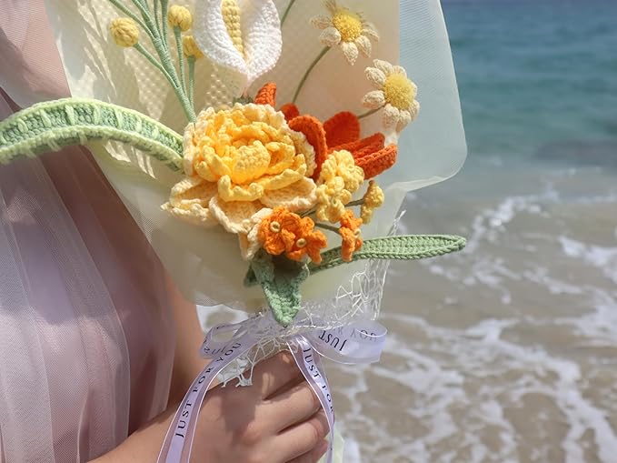 YOOJEE Crochet Flower Bouquet Golden Peonies Tulip - Retirement, Birthday, Christmas Gift - Eco-Friendly Hypoallergenic Florals Handmade by Artisan Moms