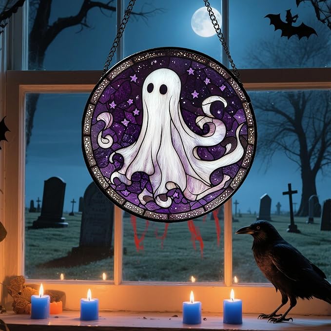 DASTOLL Stained Glass Window Hanging - Halloween Decorations White Ghost Purple Stars Suncatcher for Doors Garden Spooky Funny Sun Catchers Gothic Decor Horror Gifts for Women Men Friend 15 in