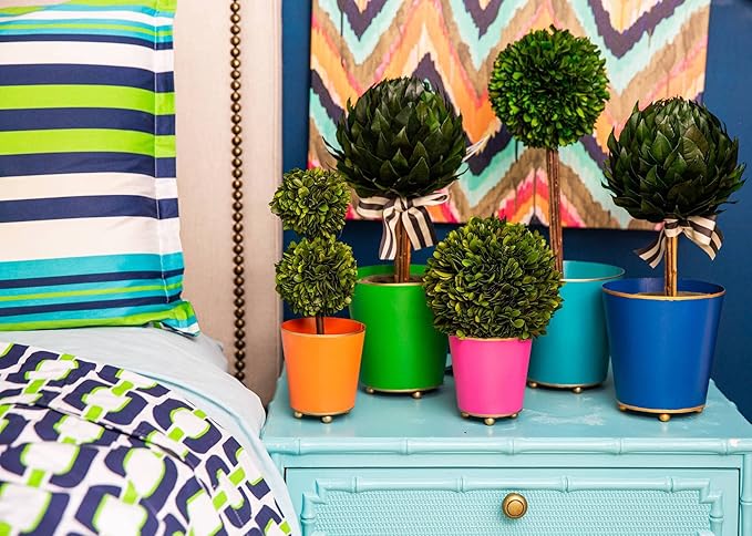 Jaye's Studio Mattie Blue, Decorative Round Cachepot & Planter, Matte Blue, Gold Trim & Finish, Hand-Painted, Handcrafted Metal, Luxury Indoor Planter, Size 6"