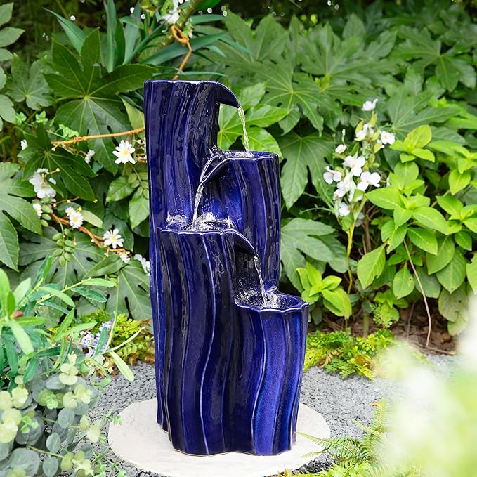 Glitzhome 30" Tall Outdoor Water Fountain with LED Light, Pump & Adapter, 4-Tier Cobalt Blue Wavy Texture Ceramic Cascading Garden Fountains Waterfalls for Porch Deck Patio Backyard