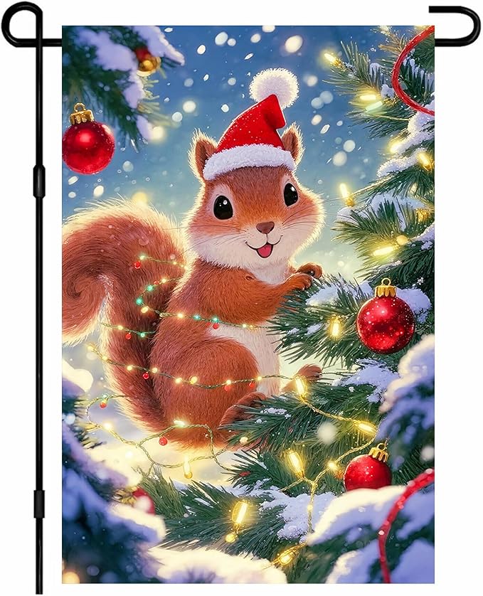 IVN Christmas Garden Flag 12x18 Inch Cute Squirrel in Santa Hat with Red Ball Ornaments and Snowy Tree Flag Double Sided Outdoor Yard Banner for Porch Lawn Patio Decor Holiday Winter