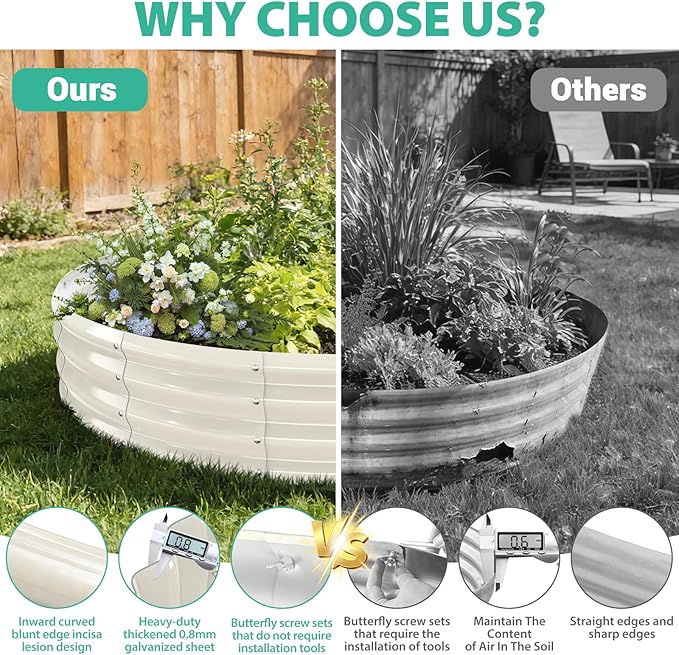 6FT Diameter Galvanized Garden Raised Bed/Plant Box/Fire Pit Ring-0.8mm Thick,12 Inch Tall,Crimped Edge and Corner,No Sharpe,Perfect for Plantings (Cream White, 72 Dia X 12 inches)