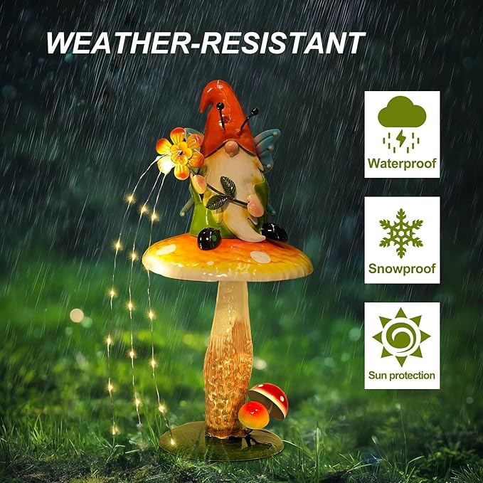 Solar Garden Gnome Figurine, Waterproof Outdoor Mushroom Decor with Solar Outdoor Lights for Yard, Patio, Lawn Ornaments, Ideal Gifts for Mom Grandma Women, Housewarming Gifts-16.5"