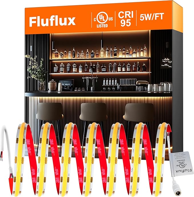 FluFlux 2700K COB LED Strip Lights, 24Volt Premium Flexible Tape Light with Strong 3M VHB Adhesive, CRI 95, UL Listed, Cuttable, Dimmable, 5W/FT for Bedroom, Kitchen, Cabinet (NO Power Supply)