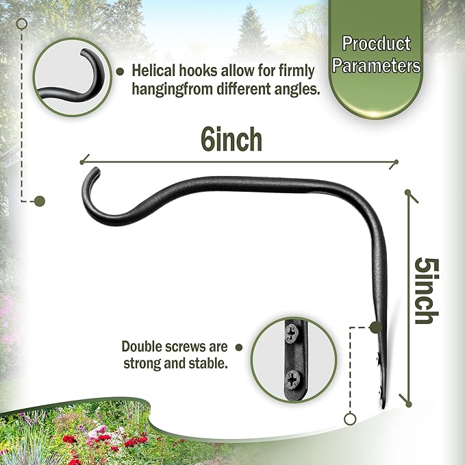 Lifyzoon Durable Plant Hangers Brackets: 2 Pack 6 Inch Outdoor Metal Hanging Plant Brackets - Rustproof Wall Hooks for Hanging Flower Basket Wind Chimes and Lanterns