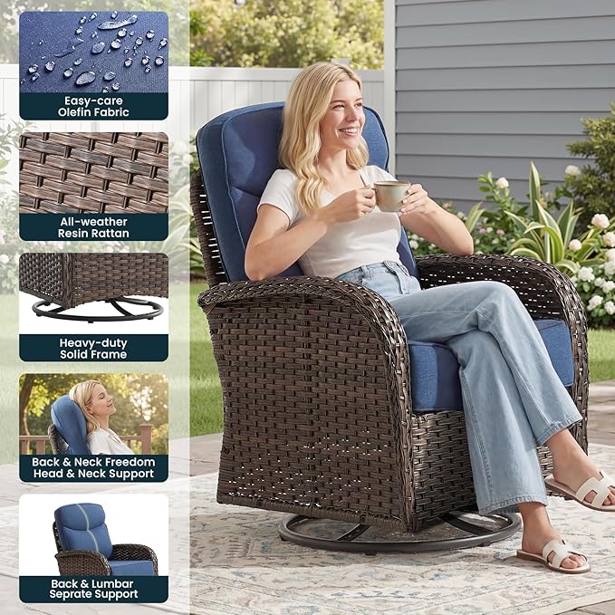 Luxury 6-Inch Cushion Outdoor Swivel Rocker Patio Chairs with Side Table, High Back Wicker Patio Furniture Set for Deck Porch Garden Balcony and Poolside Blue Cushion