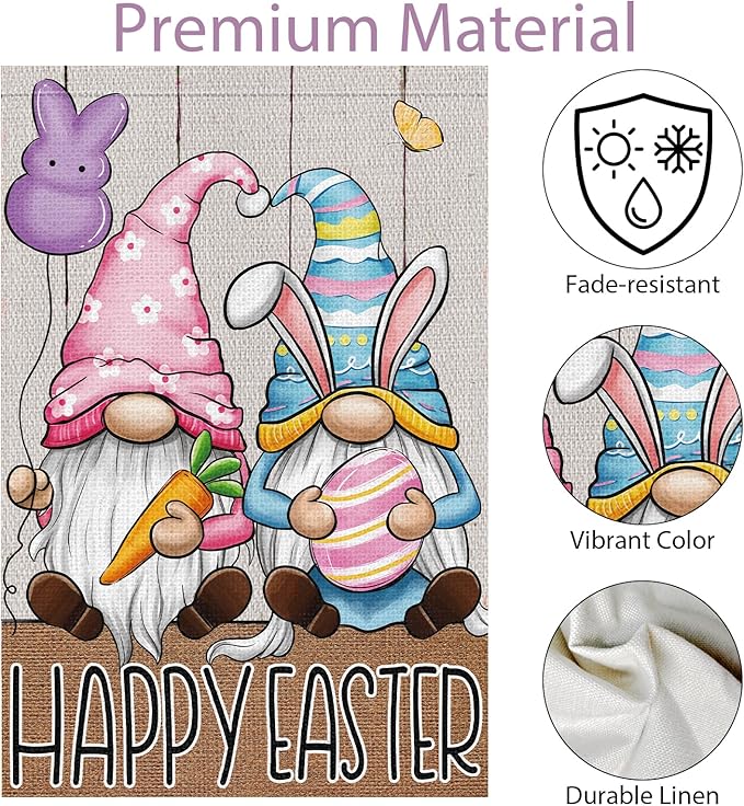 Easter Garden Flag 12×18 Double Sided, Vertical Burlap Gnomes Happy Easter Flags Outside Holiday Yard Decoration