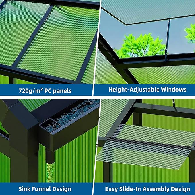 8x10 FT Outdoor Greenhouse for Winter Greenhouse Kit with Aluminum Frame, Polycarbonate Panels, Lockable Door, Adjustable Roof Vent, Heavy Duty Walk-in Design for Backyard, Garden and Patio