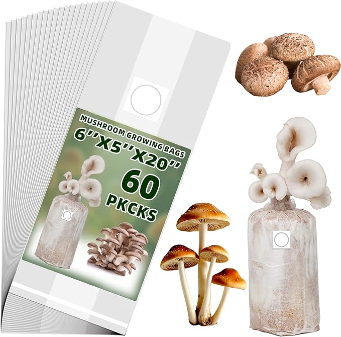 TonGass 60-Pack Autoclavable Mushroom Grow Bags Bulk with Microporous Filter Patchs - Large 6"x5"x20" Extra Thick 80 Micron (=3 Mil)| Mushroom Cultivation Spawn Supply Myco Bag Bulk Substrate Bags
