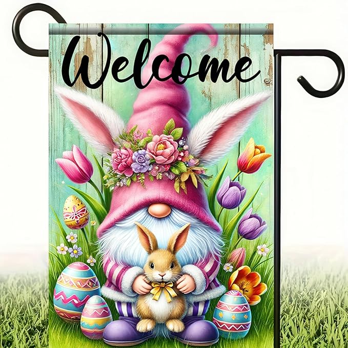 Easter Garden Flag 12x18 Inch Double Side Gnome with Bunny and Tulips Easter Decoration Spring Yard Flag Easter Eggs Colorful Welcome Yard Outdoor Home Display