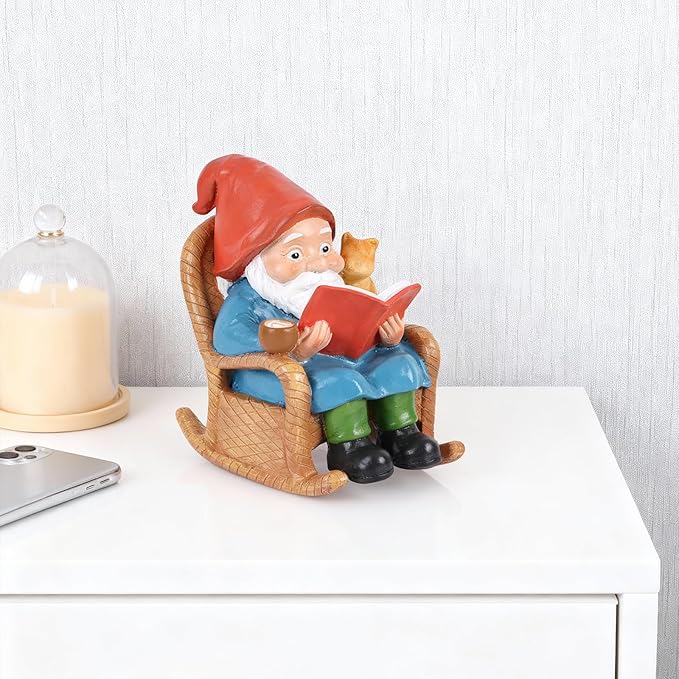 Reading Garden Gnome Statue with Cat and Coffee Cup – 5.3" Resin Gnome Figurine on Rocking Chair, Hand-Painted Funny Gnome Decoration for Yard, Patio, Lawn, or Home Décor