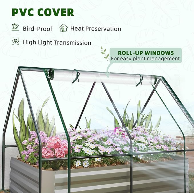 Outsunny 4 x 3 x 3ft Raised Garden Bed with Mini Greenhouse, Galvanized Raised Garden Bed with Cover for Herbs and Vegetables, Small Greenhouse for Patio Garden Balcony, Clear