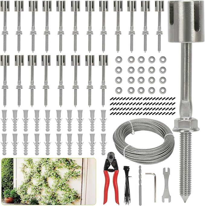 Wire Trellis for Climbing Plants Outdoor, 20-Set Wall Wire Trellis Kit with 1/8" x 98ft Stainless Steel Cable and Cutter, T316 Espalier System for Fence Garden DIY on Brick Concrete Wood Walls