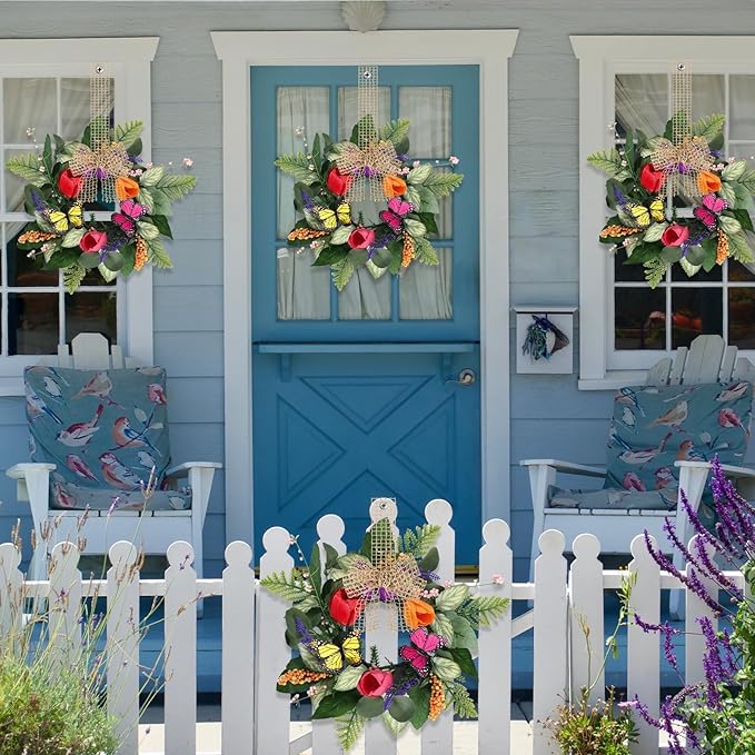 6 PCS Mini Spring Summer Kitchen Cabinet Wreaths Small Butterfly Tulip Lavender Eucalyptus for Front Door with Ribbon Berry Spring Floral Silk Flowers Wreath for Porch Wall Window Farmhouse Decor