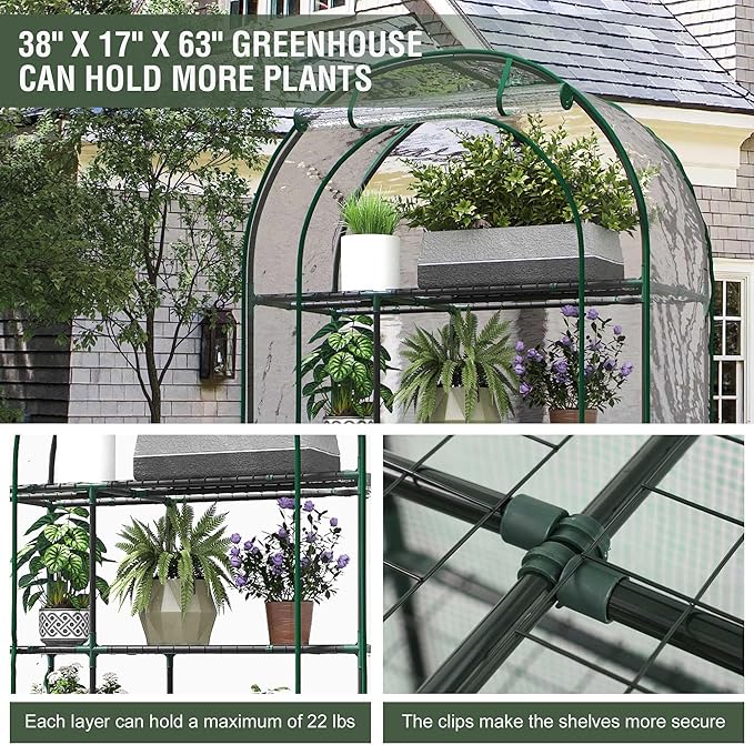 Mini Greenhouse for Outdoors, Portable Small Greenhouse 4-Tiers for Indoor, 38"x17"x62" Green House with PVC Cover