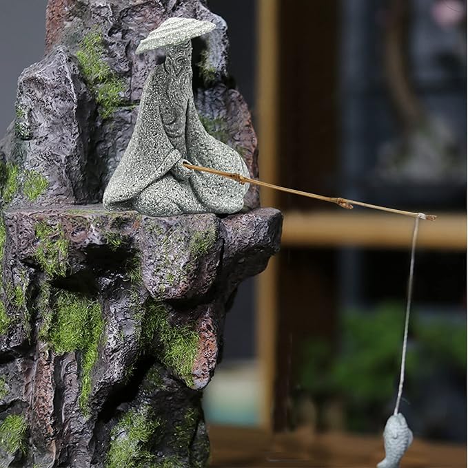 DUZFOREI 2PCS Mini Sitting Fishing Figurines Sandstone Vintage Ornament Japanese Decor for Fish Tank Pot Garden Home Aquarium Mini Fisherman Statue Asian Zen Decorations