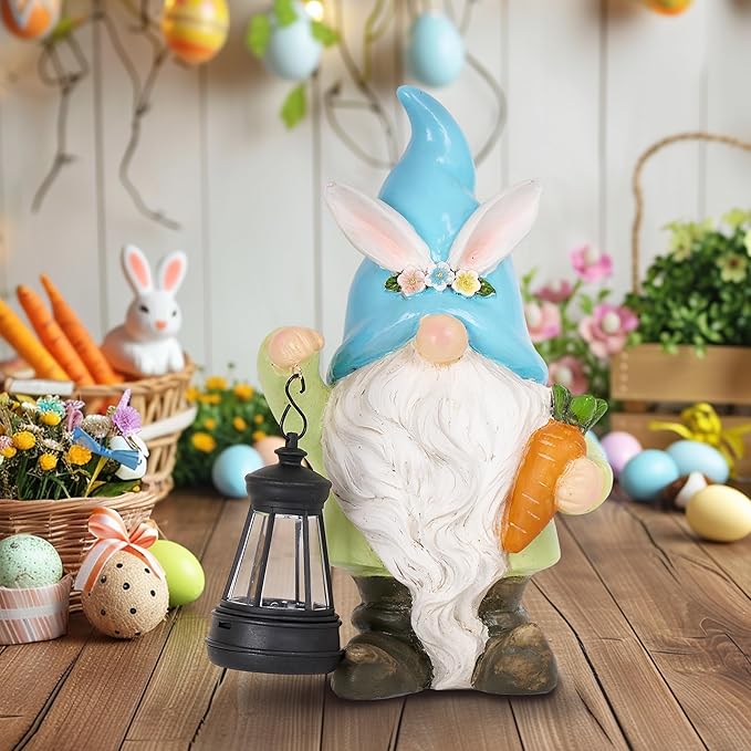 TERESA'S COLLECTIONS Easter Bunny Gnome Decorations with Solar Outdoor Light for Garden Decor, Spring Resin for Outside, Decorations for Patio Home Yard, Ideal Gifts for Dad and Mom, 8"
