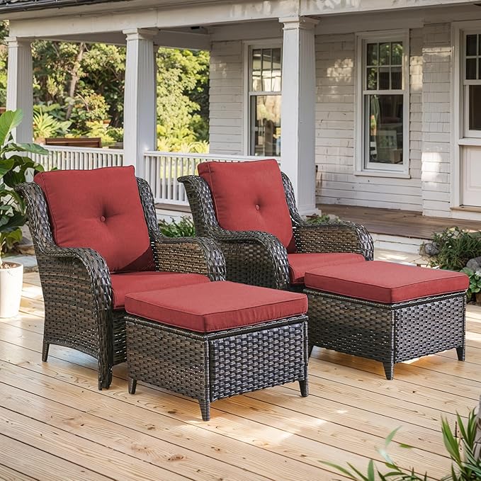 Belord Wicker Furniture 4 Pieces Outdoor Patio Furniture Set Patio Chairs with Ottomans Conversation Set for Porch Garden Deck Balcony Poolside