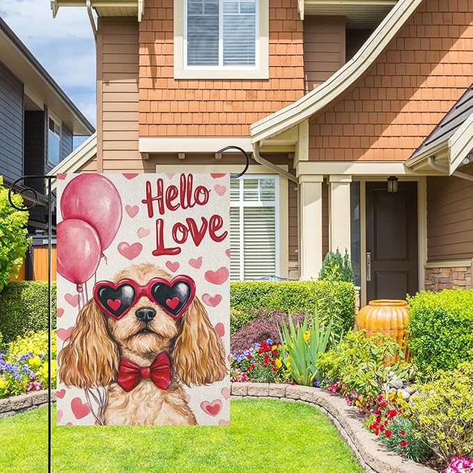 Valentine's Day Cocker Spaniel Hello Love Garden Flag, House Yard Plaid Love Heart Outside Decoration, Spring Holiday Wedding Anniversary Outdoor Small Decor 12x18(12643)