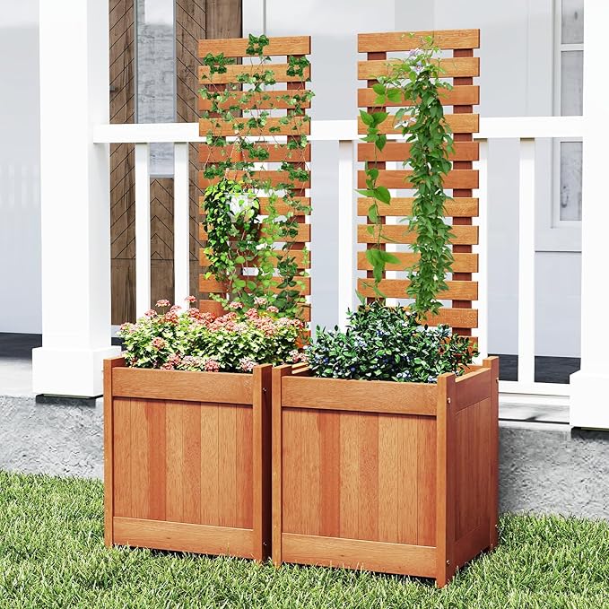 Giantex Wood Raised Garden Bed with Trellis, Outdoor Planter Box w/Open-Ended Base for Vines Flowers Vegetables, Herbs, Freestanding Plant Container Privacy Planters for Patio, Backyard