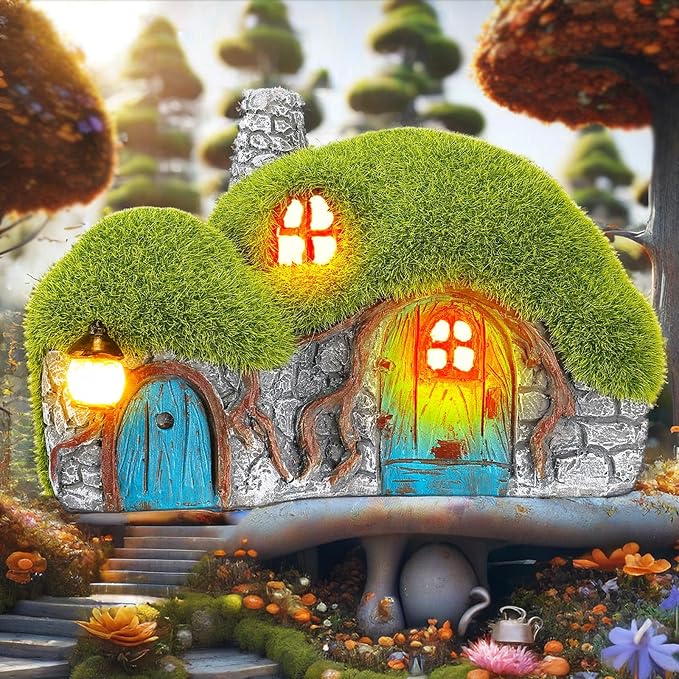 Darkdec Outdoor Figurine Lights Garden House Statue - Outdoor Statues with Solar Lights Garden Cottage Lighting Figurines for Home or Yard Decor