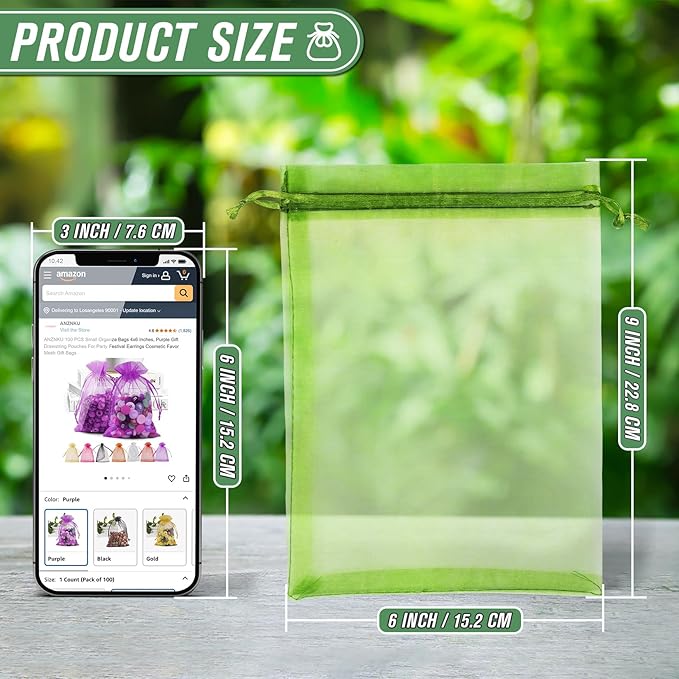 ANZNKU 100pcs 6x9 Inch Fruit Protection Bags, Fruit Bags for Fruit Trees, Green Mesh Cover Bag Garden Netting Pest Barrier for Tomato Mango Vegetables
