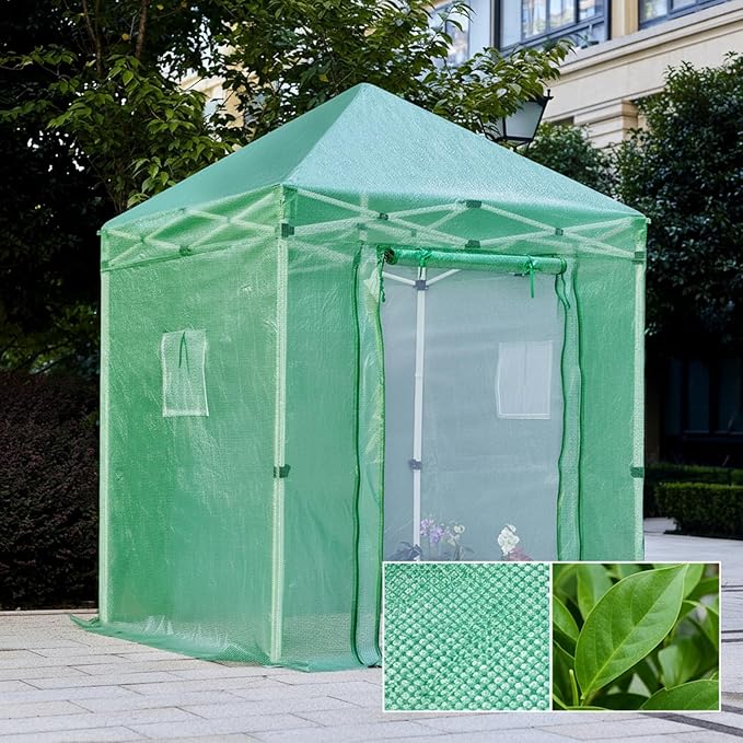 79”x 79”x 107”Walk in Instant Pop-up Greenhouse,Indoor Outdoor Gardening Green House, Roll-Up Zipper Doors and Side Windows Mesh Windows, Thickened PE Cover & Heavy Duty Steel Frame, Green