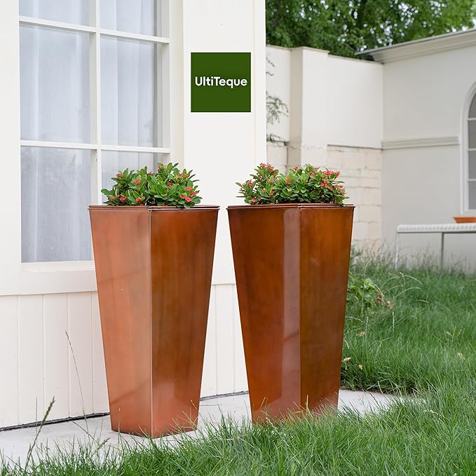 UltiTeque 28in Tall Metal Copper Square Planter Galvanized Steel Metal Planters for Indoor/Patio Deck Garden Entrance Planter