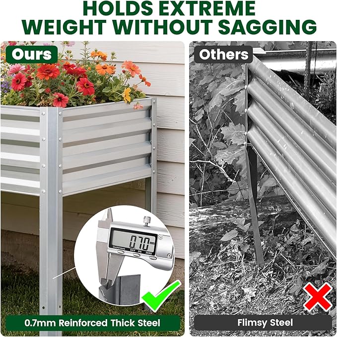 1MORE Elevated Raised Garden Bed with Legs, 48×24×32in Large Metal Raised Bed for Backyard, Patio, Balcony. Raised Planter Box with Drainage Holes for Plants Vegetables Flowers Fruits(Sliver-2pcs)