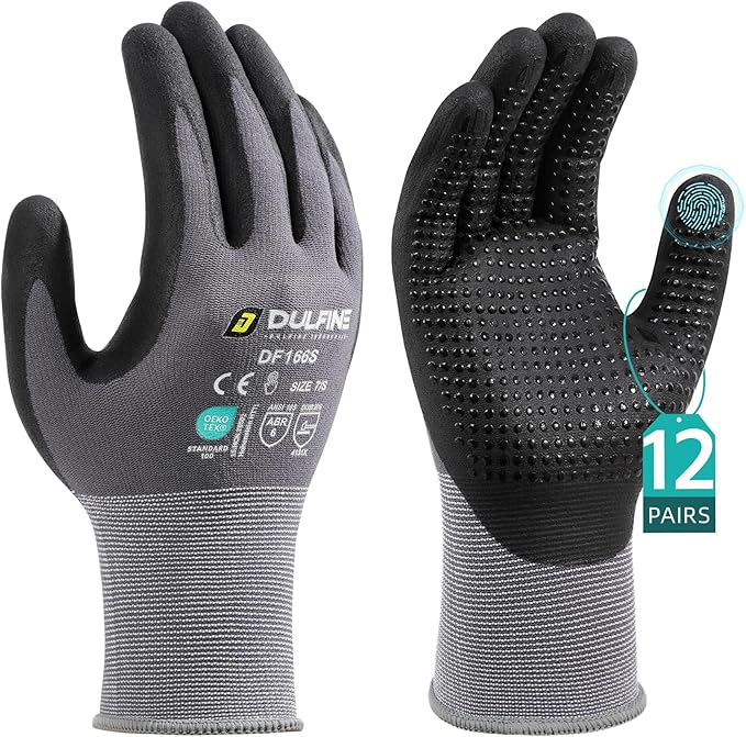 DULFINE Work Gloves for Men and Women,Grey Nylon with MicroFoam Nitrile Coated-12 Pairs Pack, Dots on Palm for Anti-slip and Extra Abrasion Resistant(Small)