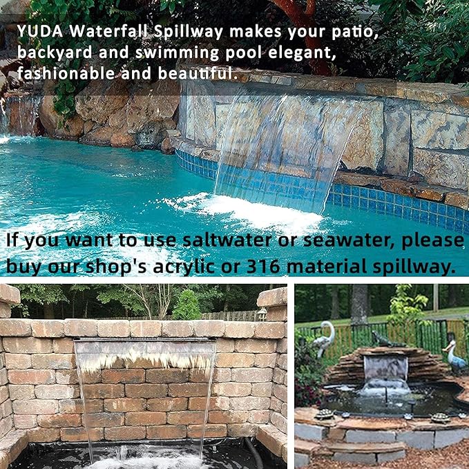 YUDA 36 Inch Water Pool Fountain, 304 Stainless Steel Pool Waterfall with Wider Water Flow Platform, Professional Waterfall Spillway for Sheer Descent Garden Outdoor