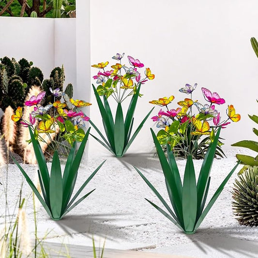 TOMBABY Garden Outdoor Butterfly Enlarge Thickened Wind Resistant Metal Agave Garden Art Metal Plant Country Sculpture Statue Decorations Ornaments Artificial Waterproof Butterflies(Green 3pcs)