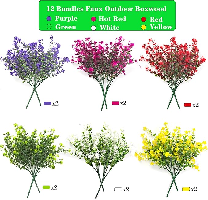 Grunyia Artificial Flowers, 12 Bundles Outdoor Fake Flowers for Decoration UV Resistant Faux Plastic Plants Garden Porch Window Box Décor