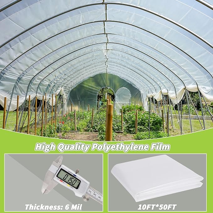 Greenhouse Plastic Sheeting 6 Mil,10 x 50 FT Transparent UV Resistant Polyethylene Film, Tear-Resistant Green House Hoop Cover for Gardening, Farming, Nursery, Henhouse, Anti-Drip & Weatherproof