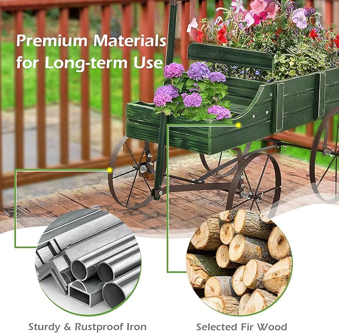 Giantex Small Wagon Planters for Outdoor Plants, Decorative Garden Bed with Metal Wheels, Wood Raised Beds Plant Pot Stand for Backyard Garden Patio 24.5"x13.5"x24" (Green)