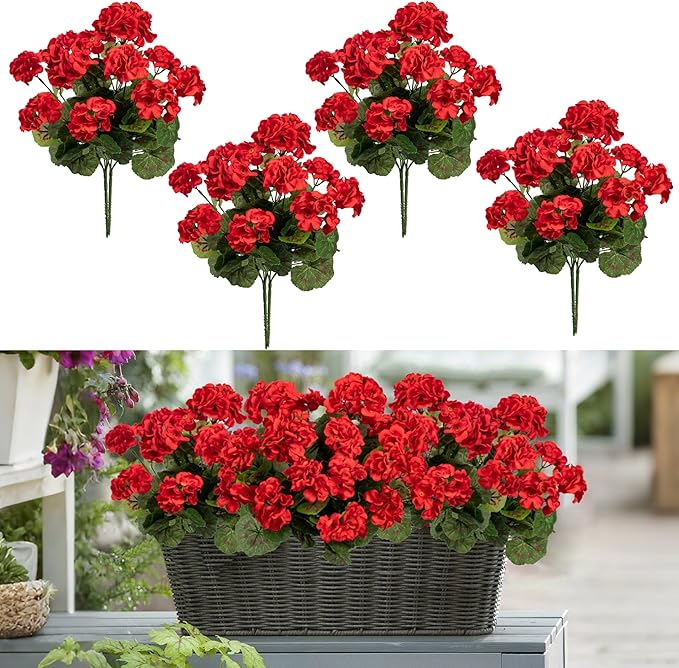 Uqueeten Artificial Flowers for Outdoors Artificial Geranium,8PCS Fake Flower Geranium Artificial Plant Home Decor,Silk Geraniums Artificial Flowers Realistic Outdoor Flower Decoration (Red) 14.4"