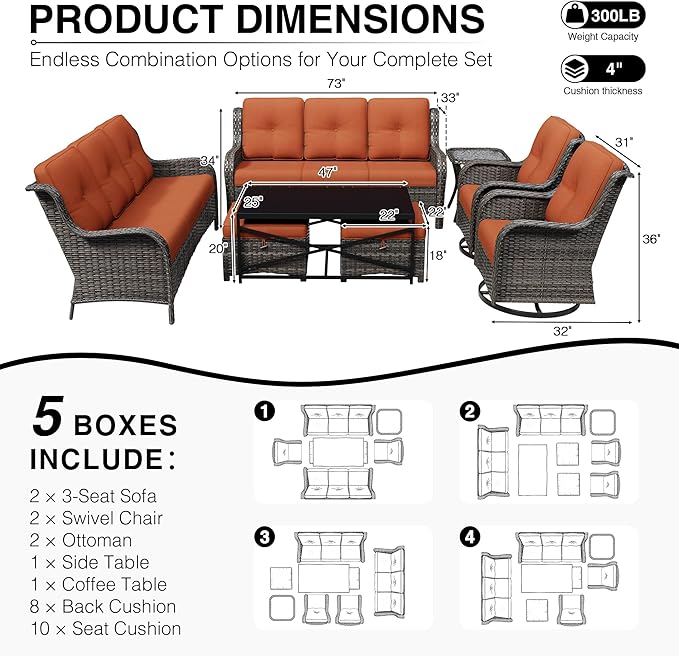 Joyside 8 Piece Wicker Patio Furniture Set, Outdoor Swivel Rocker Patio Chairs with High Back, Deep Seating, Wide Armrest, Thickened Cushions, Outdoor Furniture for Deck, Porch Use