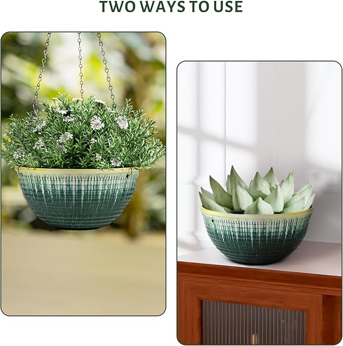 LESOASIS 10inch Hanging Planter, 2 Pack Hanging Planters for Indoor and Outdoor Plants, Glazed Hanging Plant Holder with Drainage, Indoor Hanging Flower Pots for Garden Home (Green Glaze)
