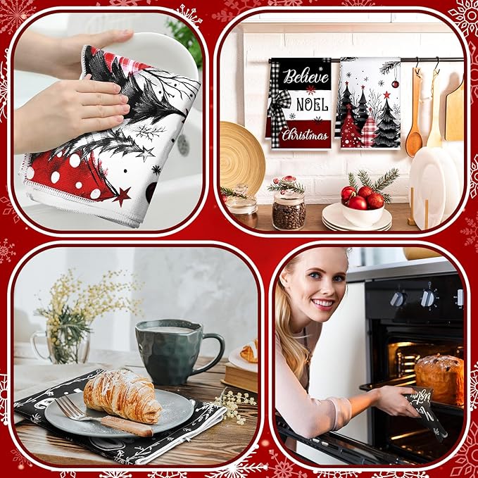 Bencailor 16 Pcs Christmas Kitchen Towels Xmas Holiday Hand Dish Towels Buffalo Plaid Snowman Truck Tea Dishcloths for Christmas Winter Holiday Kitchen Bathroom Home Decor Gifts