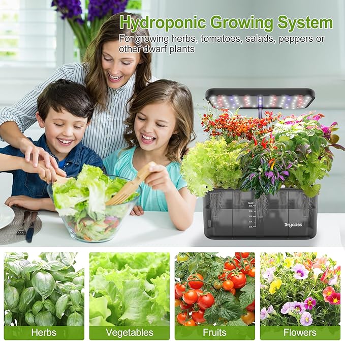 DRYADES 8-Pod Hydroponics Growing System Translucent Indoor Herb Garden with LED Grow Light Smart Quiet Pump Plant Germination Kit for Hydroponic Herbs, Vegetables, Lettuce Harvest on Countertop