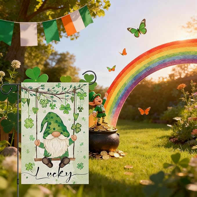 Heyfibro Lucky St. Patrick's Day Garden Flag 12x18 Double Sided Burlap, Gnome with Shamrocks Hanging Swing Yard Banner for Spring Seasonal Irish Holiday Farmhouse Outdoor Decor(ONLY FLAG)