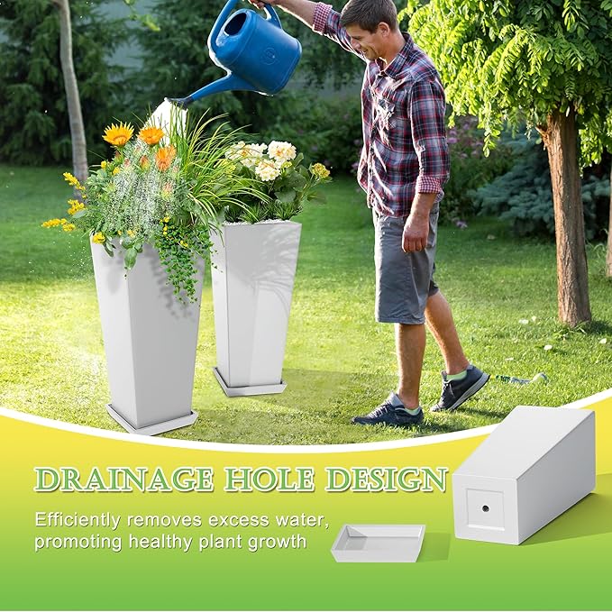 TUYOHW Set of 4 24" Tall Plastic Planters with Trays, Large Tapered Plant Pots for Indoor Outdoor Use, Modern Decorative Planters for Porch, Patio, Garden, and Backyard