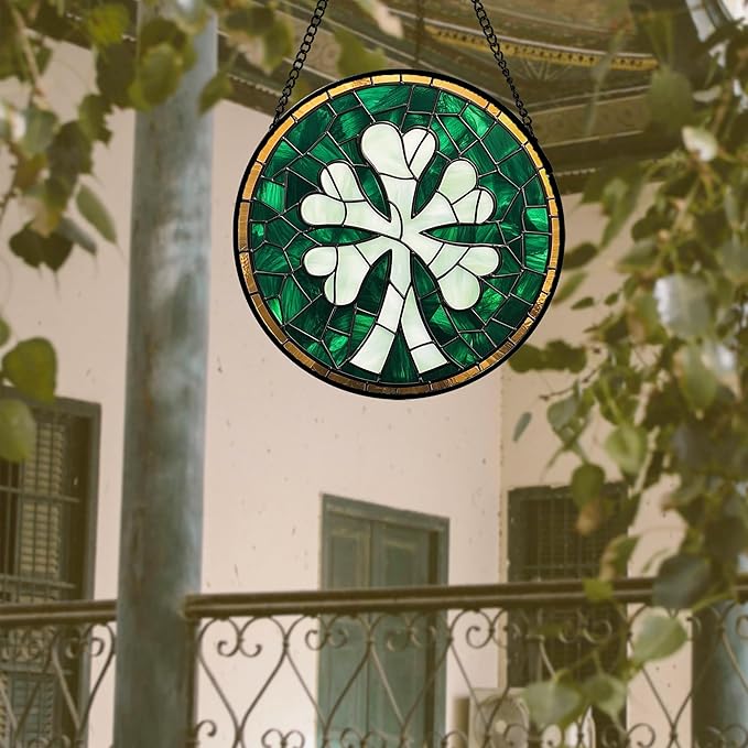 QZQCBLC Stained Glass Window Hanging Green Clover Large 15" - Suncatcher Door Garden Sun Catcher Home Ireland Decor Birthday Mother's Day St Patrick's Day Gifts for Mom Men Woman Wife Friend