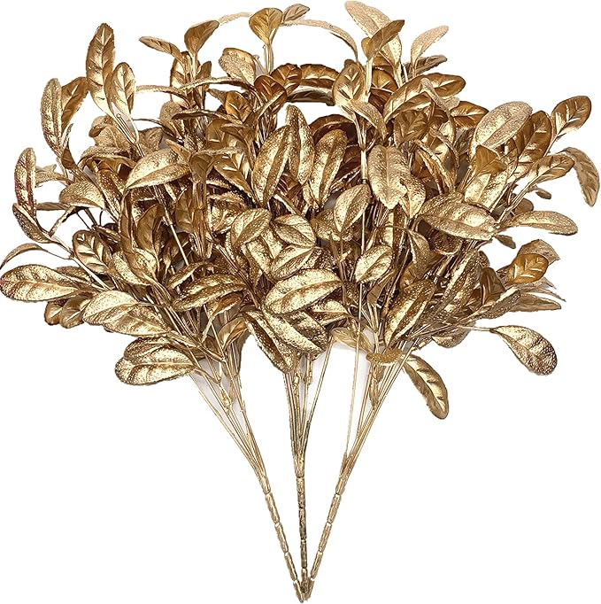 CATTREE Artificial Plants for Christmas Decor, Golden Plastic Grass Fake Leaves Shrubs Simulation for Indoor Outdoor Home Garden Party Hall Office Table Décor Planter Filler Gold Plant 3 Pack