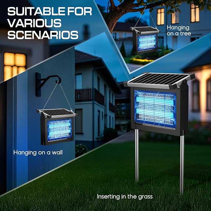 Solar Bug Zapper Outdoor Waterproof, 4500V High Power Cordless Mosquito Zapper with Smart Light Sensor, Dual Solar & USB Rechargeable Insect Killer for Patio, Garden, Backyard, Indoor & Outdoor Use