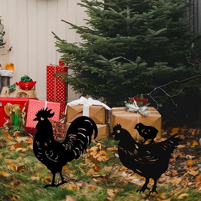 TT & MM Christmas Chicken Gifts for Women/Men,Metal Chicken Yard Decor 3 Pcs Rooster Decorations Garden Stakes,Hen/Chicks Silhouette Statues for Yard Art,Backyard,Patio,Lawn,Outdoor Decor