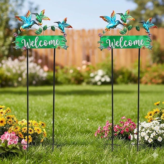 41.7inch Hummingbird Garden Stake for Yard, Lawn, Pathway, Hummingbird Outdoor Decor with Metal Welcome Yard Sign for Grandma's Garden Lawn Art Decorations