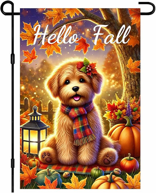 Hello Fall Garden Flag Thanksgiving Flag Cute Puppy Scarf Pumpkins Autumn Leaves Lantern Outdoor Yard Decor 12x18 Inch Double Sided Banner For Front Porch Lawn Patio Seasonal Home Decoration