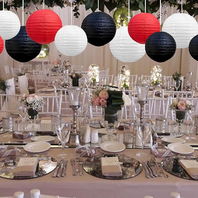 BEISHIDA Red Black White Round Paper Lanterns Decorative Hanging Asia Chinese Japanese Paper Lanterns Lamp for Birthday Graduation Baby Shower Wedding Home Decor Outdoor Party Decoration(12Packs)